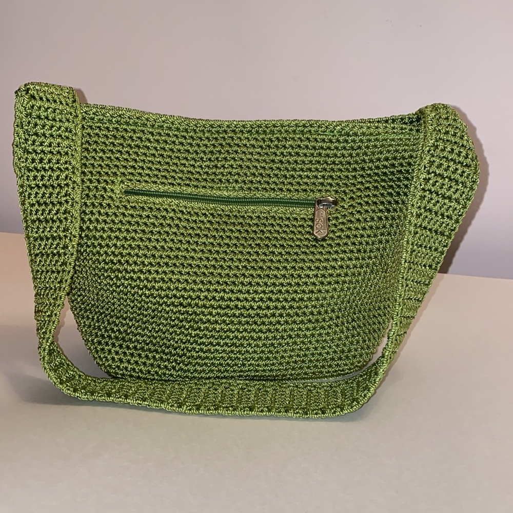 THE SAK Crocheted Silver-Tone Branded Zipper Purse Shoulder Bag Green VGUC - Picture 3 of 17